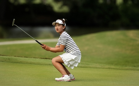 Charleston, S.C.--08/06/13--Lucy Li, 10, narrowly misses a birdie putt at No. 8 during the second round of stroke play at the 2013 U. S. Women's Amateur at Country Club of Charleston.(Photo by Tracy Wilcox/GOLFWEEK)