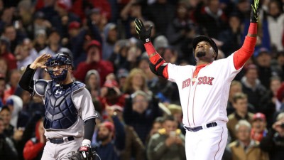 BOSTON, MA - APRIL 29:  David Ortiz  #34 of the Boston Red Sox celebrates after hitting a two-run home run in the eighth inning during the game against the New York Yankees at Fenway Park on April 29, 2016 in Boston, Massachusetts.  (Photo by Adam Glanzman/Getty Images)